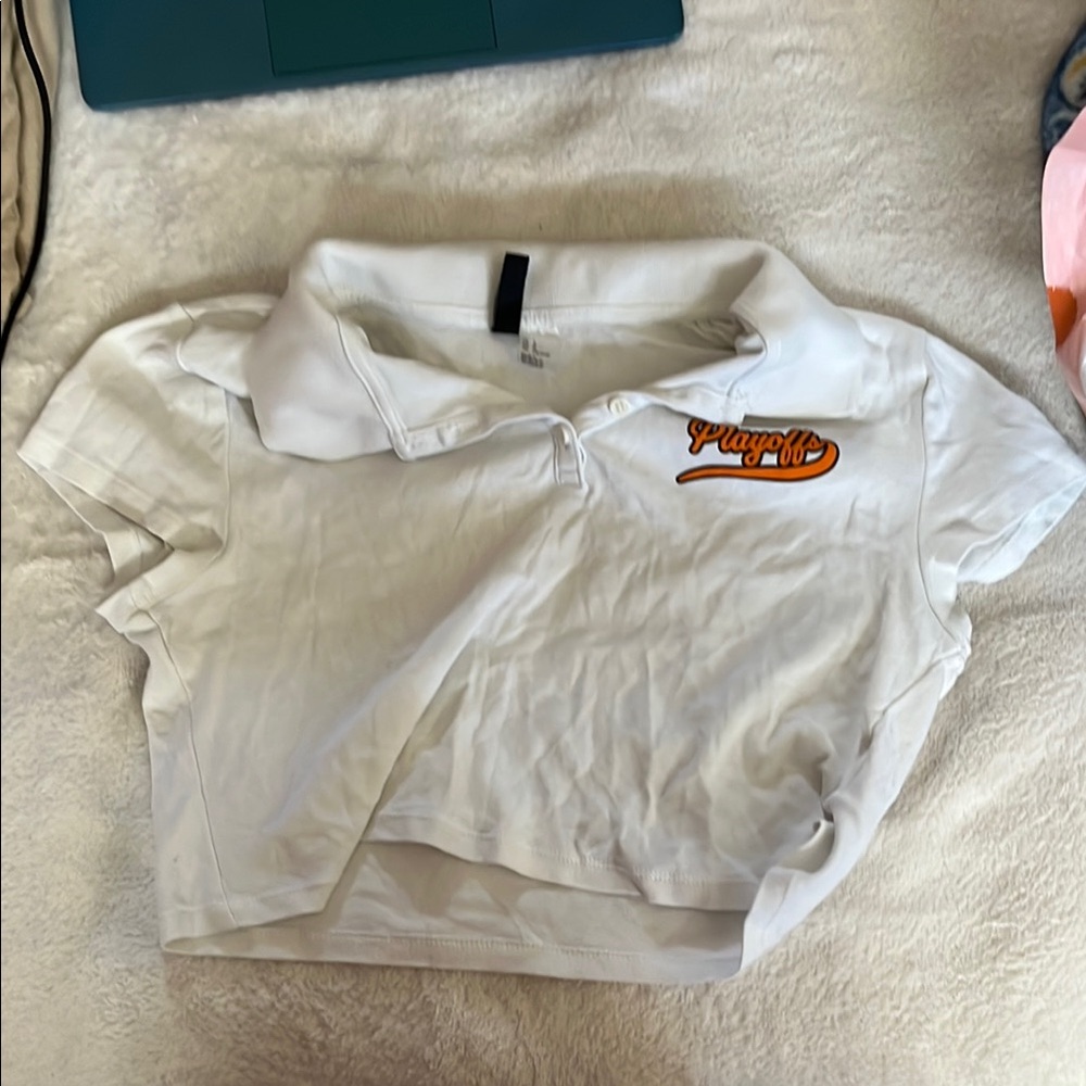 White Cropped Polo Shirt with Orange Logo